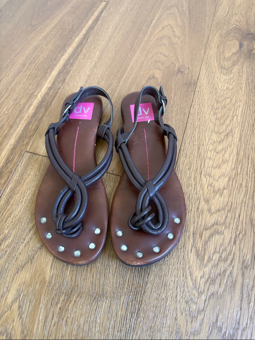 DV by Dolce Vita Dark Brown Leather Knot Sandals with Stud Accents